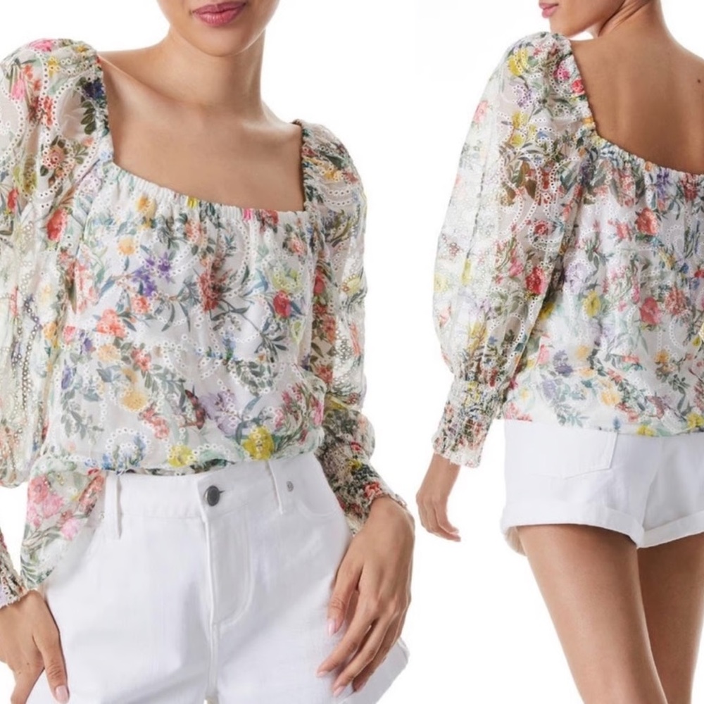 Alice + Olivia Multicolor Rowa Floral Eyelet Top Size L